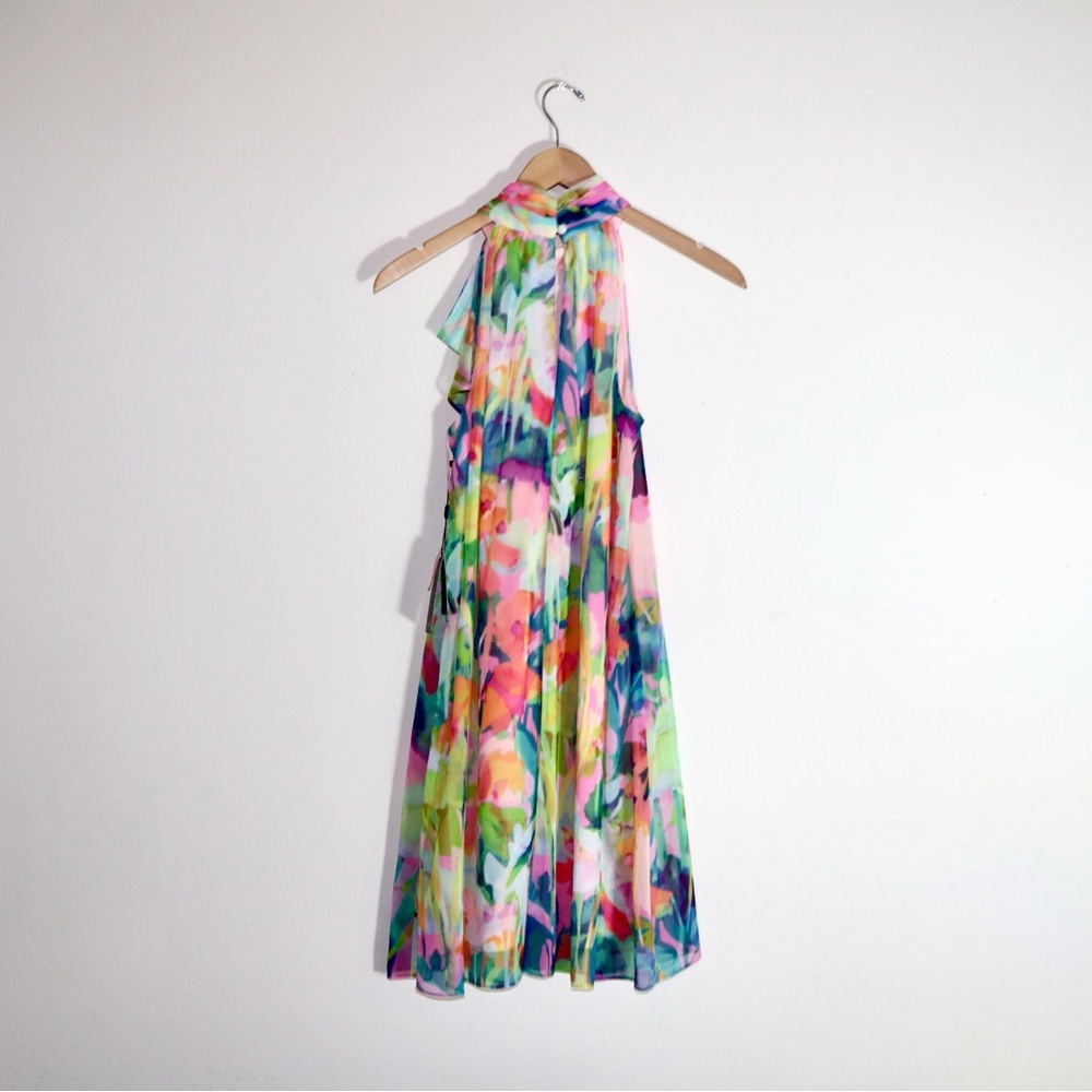 Adrianna Papell Floral Ruffle Chiffon Halter Trapeze Dress In Pink Multi - Picture 4 of 12